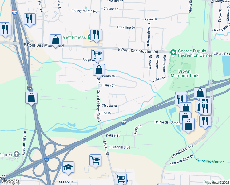 map of restaurants, bars, coffee shops, grocery stores, and more near 105 Paulman Drive in Lafayette