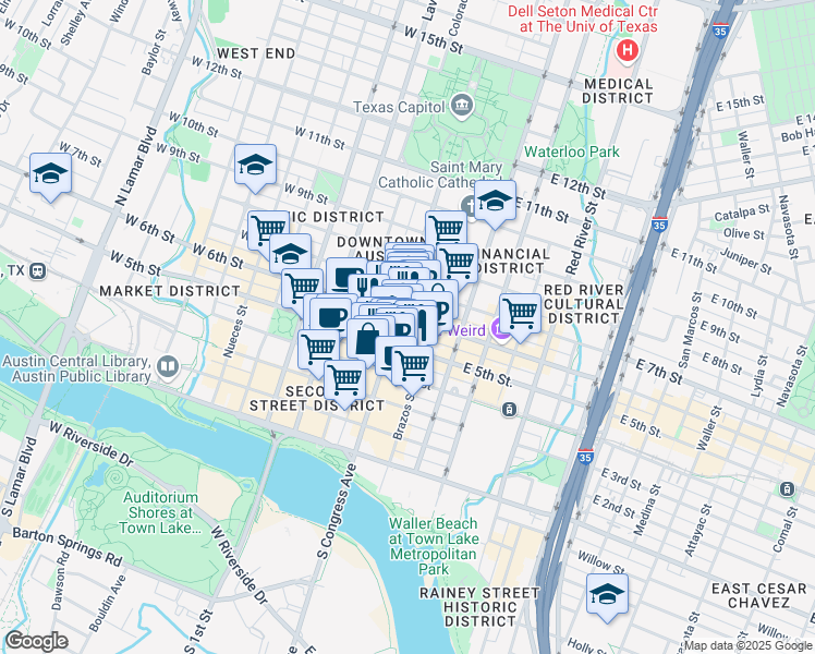 map of restaurants, bars, coffee shops, grocery stores, and more near 515 Congress Avenue in Austin