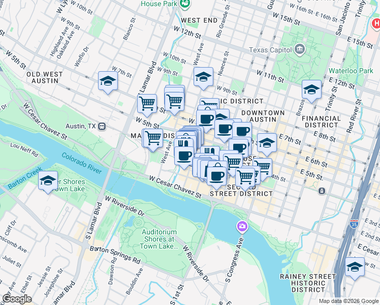 map of restaurants, bars, coffee shops, grocery stores, and more near 311 Nueces Street in Austin