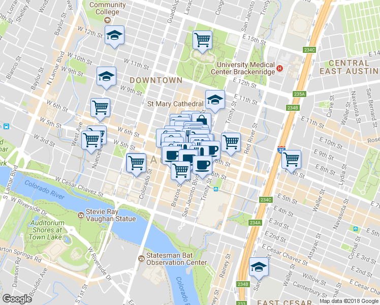 map of restaurants, bars, coffee shops, grocery stores, and more near E 6th St & Brazos St in Austin