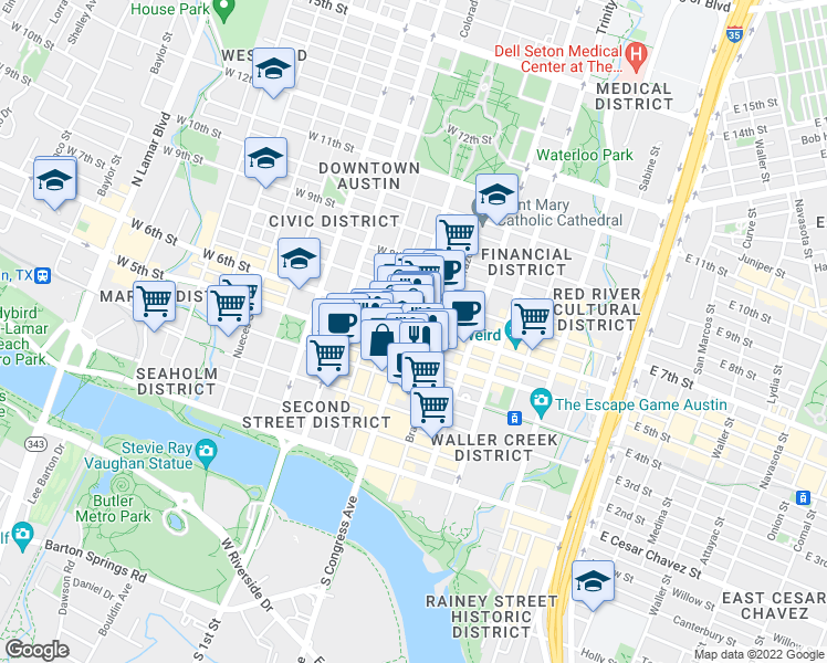 map of restaurants, bars, coffee shops, grocery stores, and more near 515 Congress Avenue in Austin
