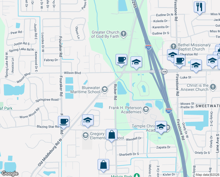 map of restaurants, bars, coffee shops, grocery stores, and more near 3754 Ricker Road in Jacksonville