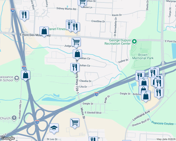map of restaurants, bars, coffee shops, grocery stores, and more near 108 Paulman Drive in Lafayette