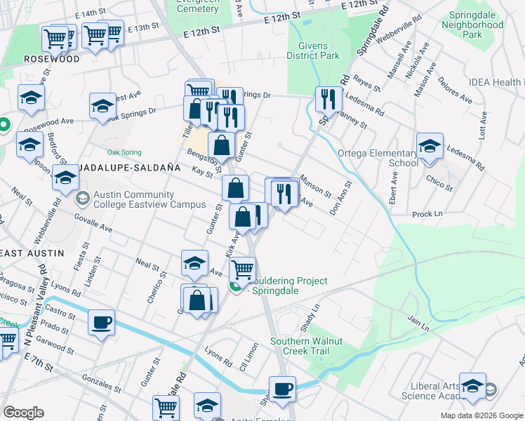 map of restaurants, bars, coffee shops, grocery stores, and more near 1002-1016 Springdale Road in Austin