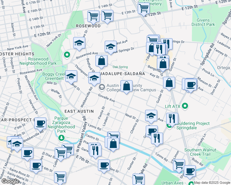 map of restaurants, bars, coffee shops, grocery stores, and more near 3000 Govalle Avenue in Austin