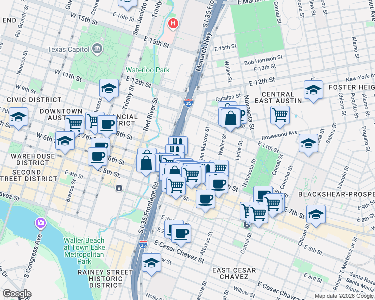 map of restaurants, bars, coffee shops, grocery stores, and more near 903 East 8th Street in Austin