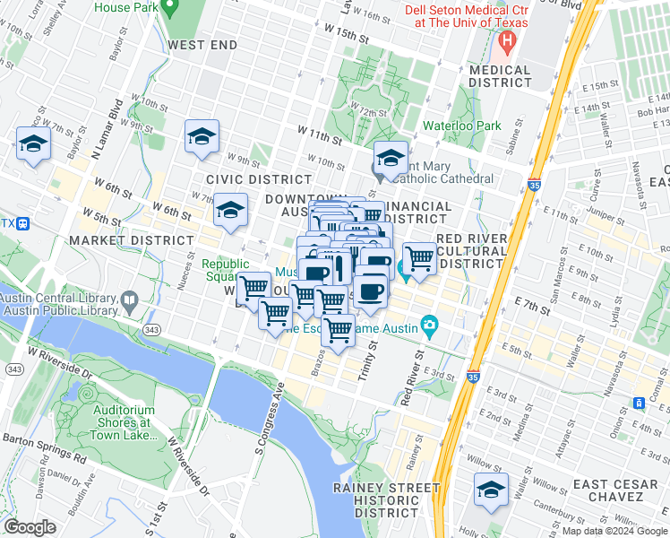 map of restaurants, bars, coffee shops, grocery stores, and more near 501 Brazos Street in Austin