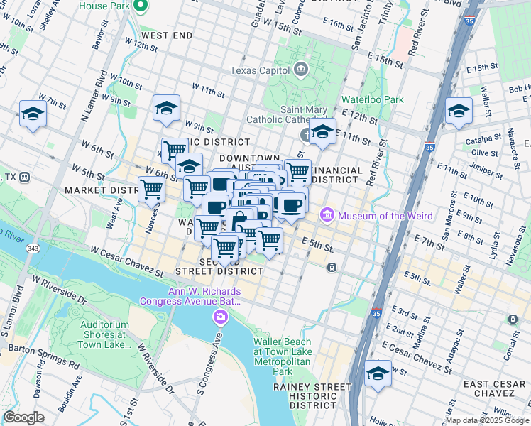 map of restaurants, bars, coffee shops, grocery stores, and more near in Austin