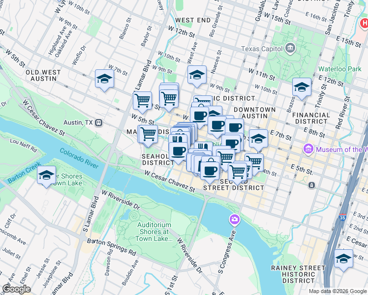 map of restaurants, bars, coffee shops, grocery stores, and more near 311 Nueces Street in Austin