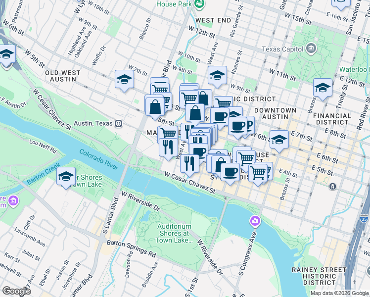 map of restaurants, bars, coffee shops, grocery stores, and more near 100 West Avenue in Austin