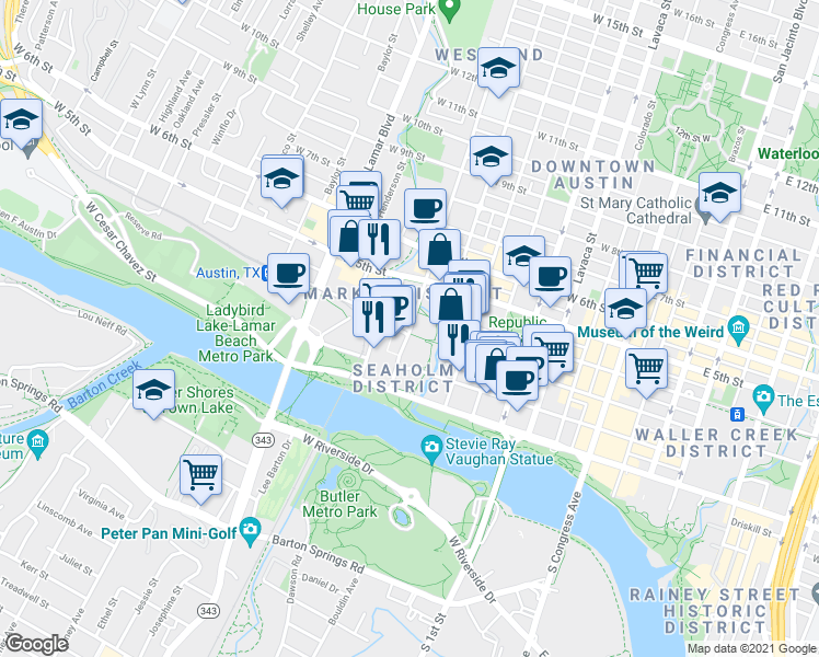 map of restaurants, bars, coffee shops, grocery stores, and more near 100 West Avenue in Austin