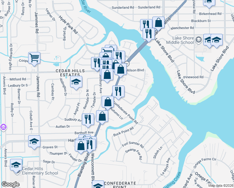 map of restaurants, bars, coffee shops, grocery stores, and more near 5754 Cedar Forest Drive South in Jacksonville
