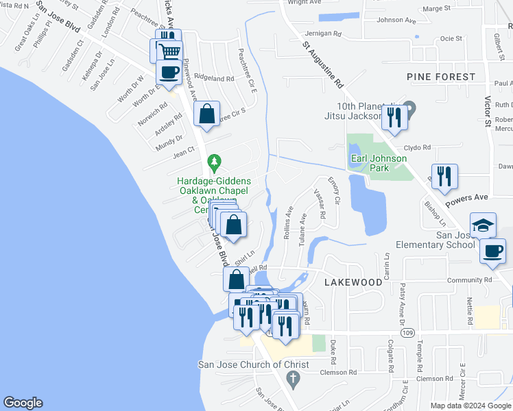 map of restaurants, bars, coffee shops, grocery stores, and more near 1663 Shirl Lane in Jacksonville