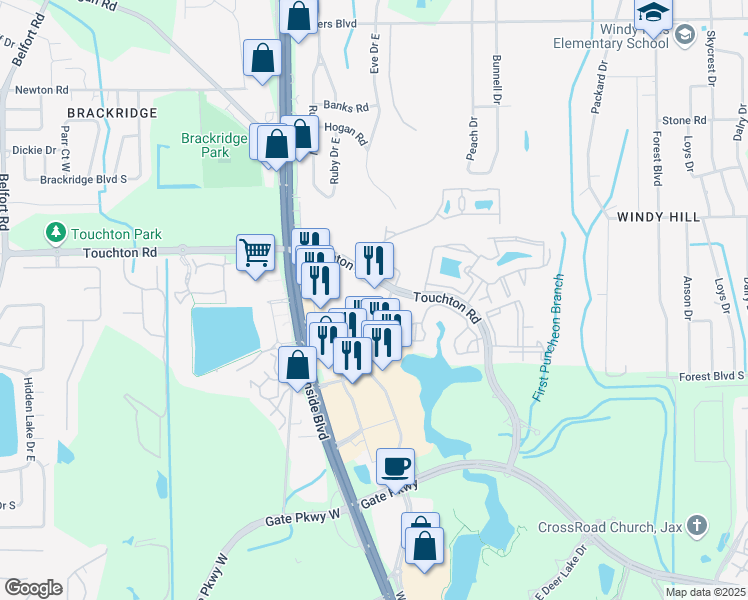 map of restaurants, bars, coffee shops, grocery stores, and more near 9726 Touchton Road in Jacksonville
