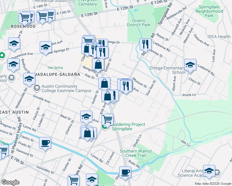 map of restaurants, bars, coffee shops, grocery stores, and more near 1002-1016 Springdale Road in Austin