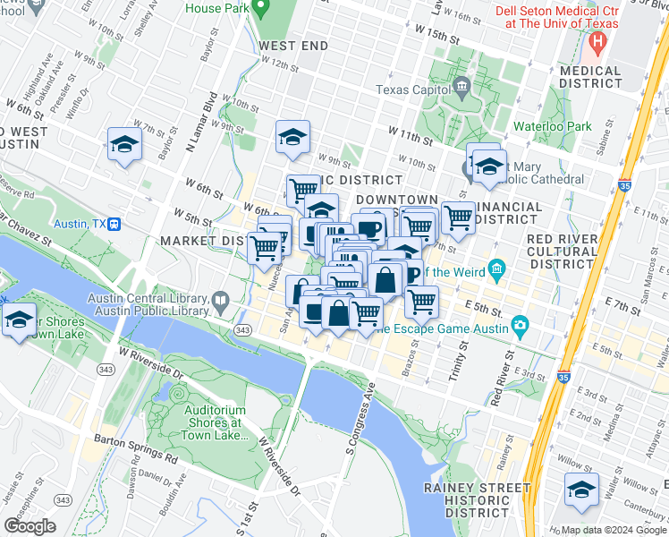 map of restaurants, bars, coffee shops, grocery stores, and more near 400 Lavaca Street in Austin