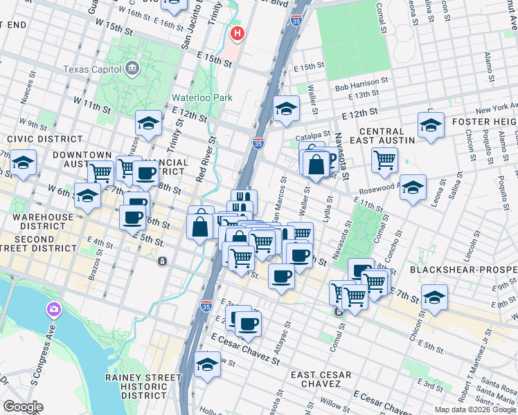 map of restaurants, bars, coffee shops, grocery stores, and more near 903 East 8th Street in Austin
