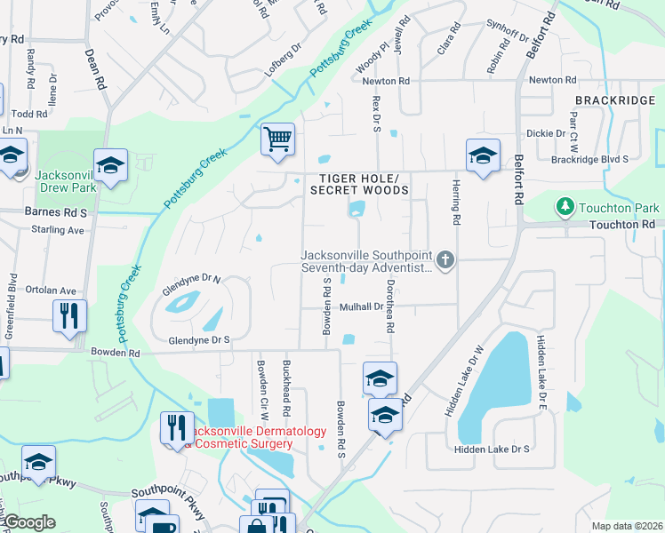 map of restaurants, bars, coffee shops, grocery stores, and more near 3207 Bowden Road South in Jacksonville