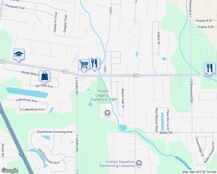 map of restaurants, bars, coffee shops, grocery stores, and more near 13461 Bayou Grand South Boulevard in Gonzales