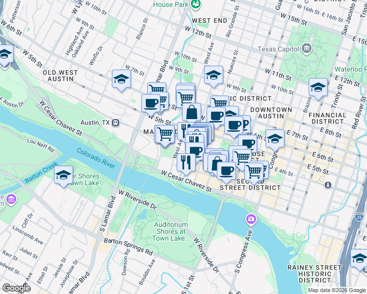 map of restaurants, bars, coffee shops, grocery stores, and more near 310 Nueces Street in Austin