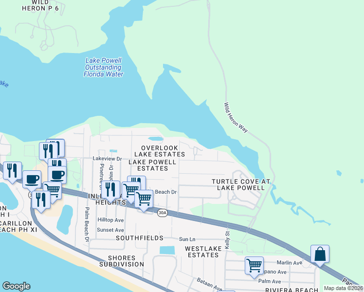map of restaurants, bars, coffee shops, grocery stores, and more near 710 Gainous Road in Panama City Beach