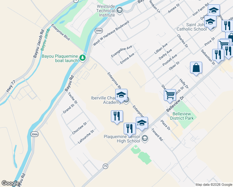 map of restaurants, bars, coffee shops, grocery stores, and more near 24230 Cliftmere Avenue in Plaquemine