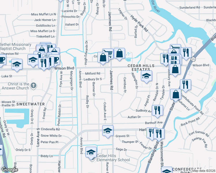 map of restaurants, bars, coffee shops, grocery stores, and more near 6404 Ledbury Drive South in Jacksonville