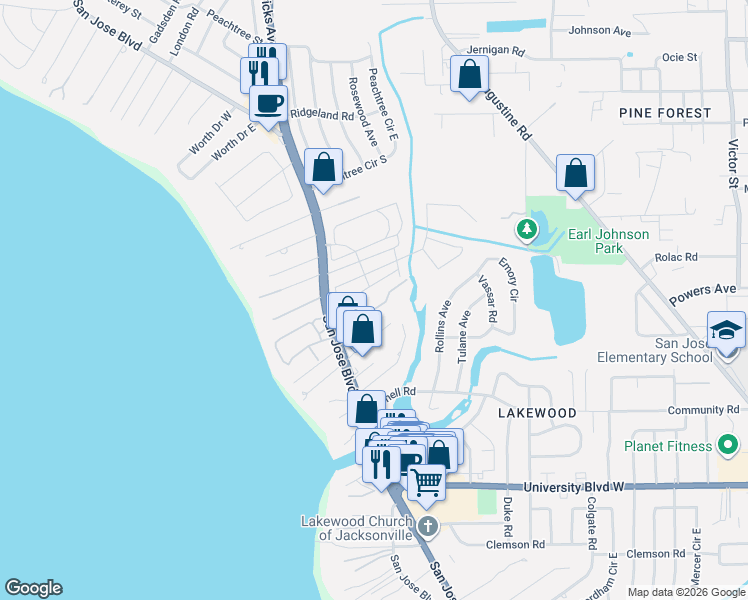 map of restaurants, bars, coffee shops, grocery stores, and more near 1577 Arcadia Drive in Jacksonville