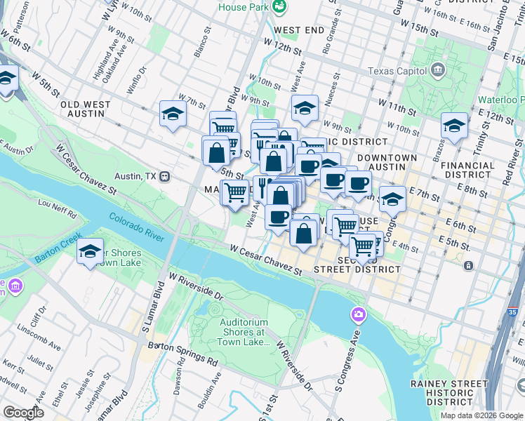 map of restaurants, bars, coffee shops, grocery stores, and more near 404 Rio Grande Street in Austin