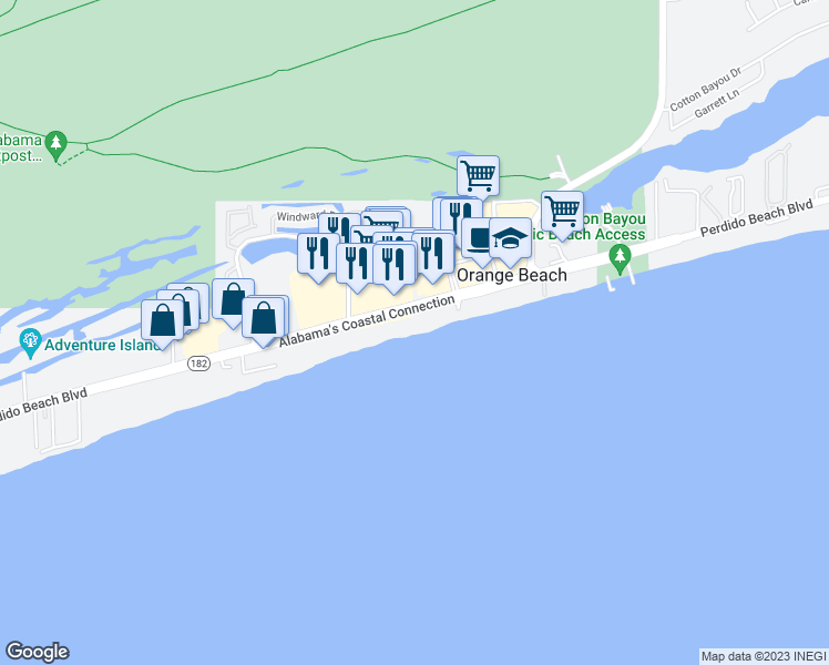map of restaurants, bars, coffee shops, grocery stores, and more near 25466 Perdido Beach Boulevard in Orange Beach