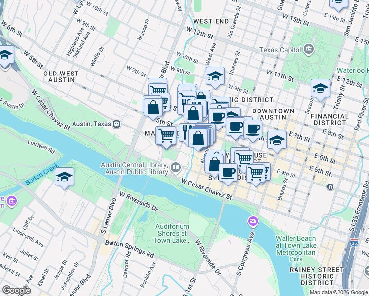 map of restaurants, bars, coffee shops, grocery stores, and more near 404 Rio Grande Street in Austin