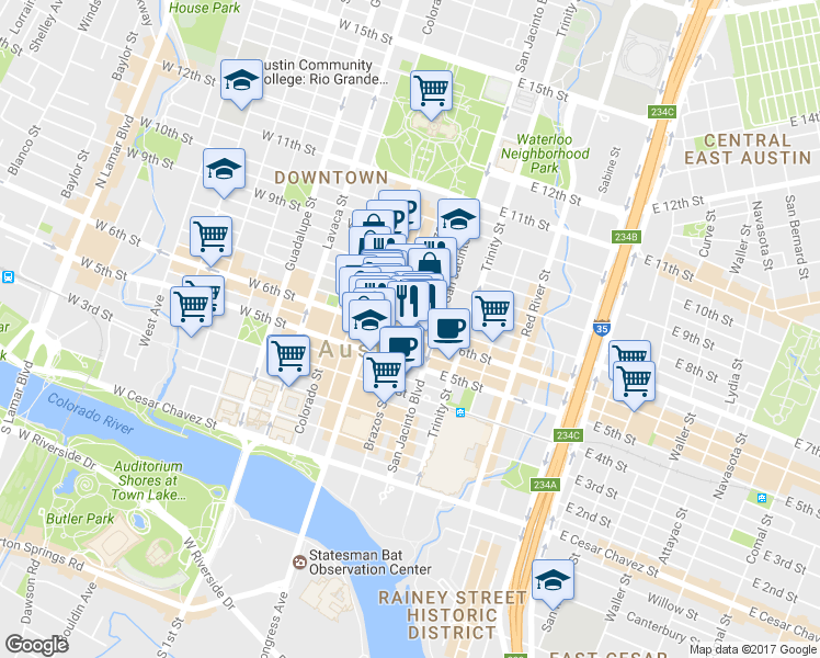 map of restaurants, bars, coffee shops, grocery stores, and more near 612 Brazos Street in Austin