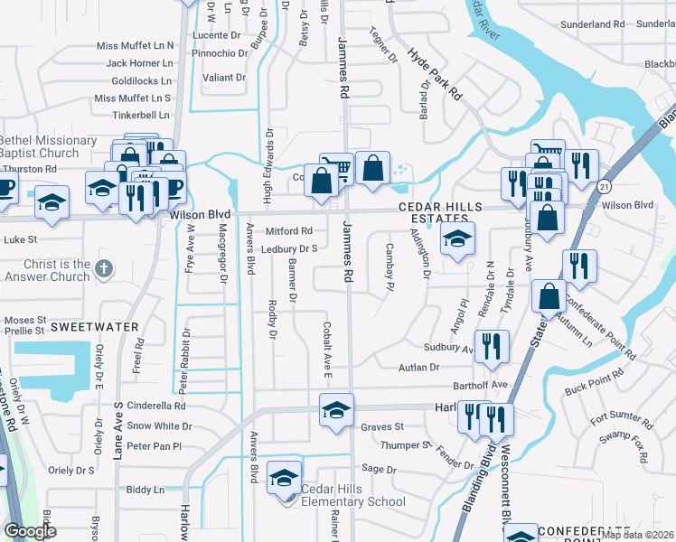 map of restaurants, bars, coffee shops, grocery stores, and more near 6404 Ledbury Drive South in Jacksonville