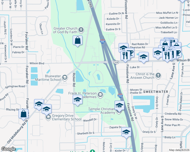 map of restaurants, bars, coffee shops, grocery stores, and more near 3610 Kirkpatrick Circle in Jacksonville