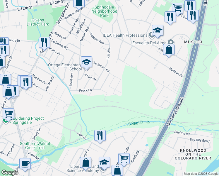 map of restaurants, bars, coffee shops, grocery stores, and more near 1112 Christie Drive in Austin