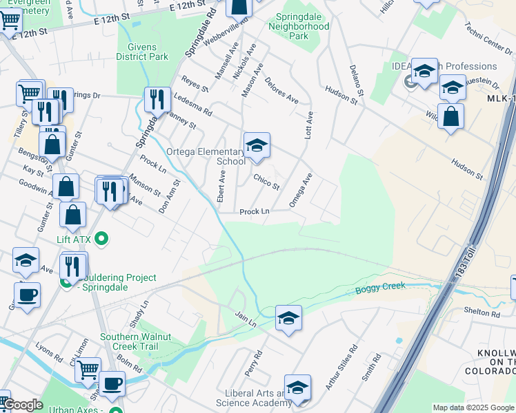 map of restaurants, bars, coffee shops, grocery stores, and more near 1116 Estes Avenue in Austin
