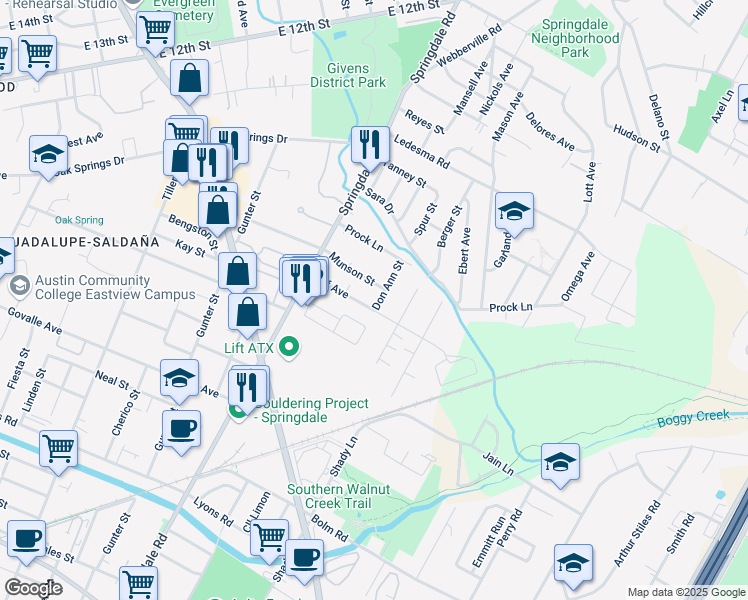 map of restaurants, bars, coffee shops, grocery stores, and more near 1133 Marks Circle in Austin