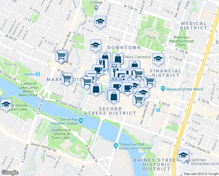 map of restaurants, bars, coffee shops, grocery stores, and more near 311 West 5th Street in Austin