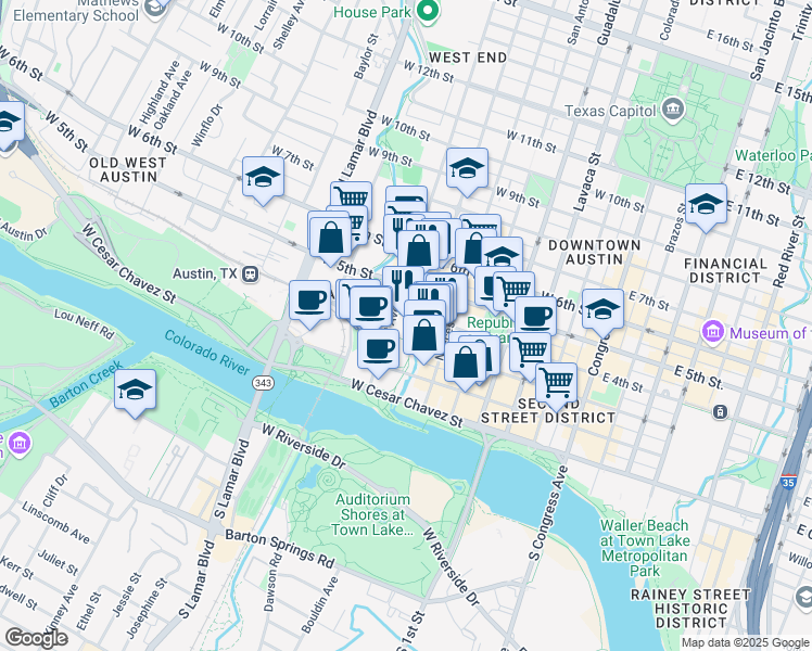 map of restaurants, bars, coffee shops, grocery stores, and more near 404 Rio Grande Street in Austin