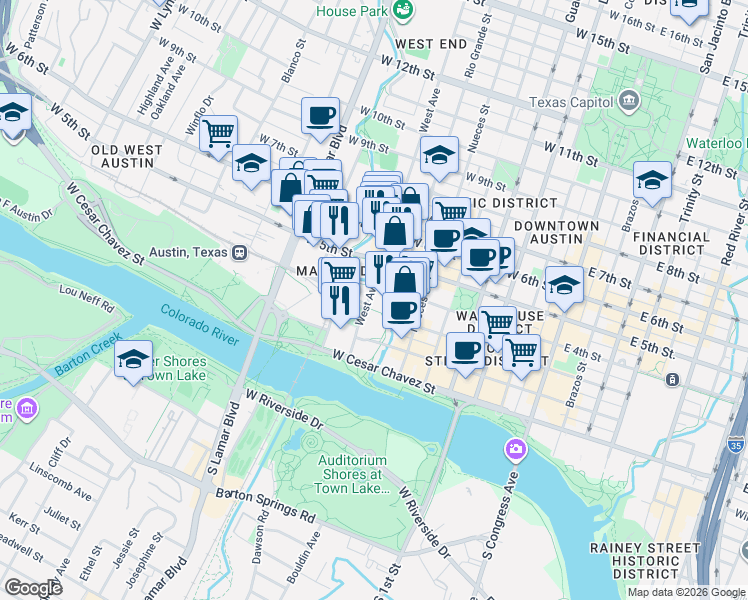 map of restaurants, bars, coffee shops, grocery stores, and more near in Austin