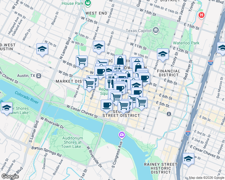 map of restaurants, bars, coffee shops, grocery stores, and more near 311 West 5th Street in Austin