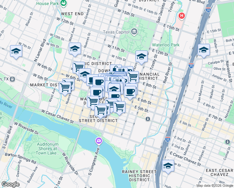 map of restaurants, bars, coffee shops, grocery stores, and more near 515 Congress Avenue in Austin