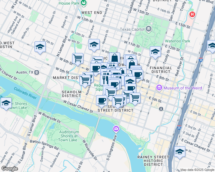 map of restaurants, bars, coffee shops, grocery stores, and more near 311 West 5th Street in Austin