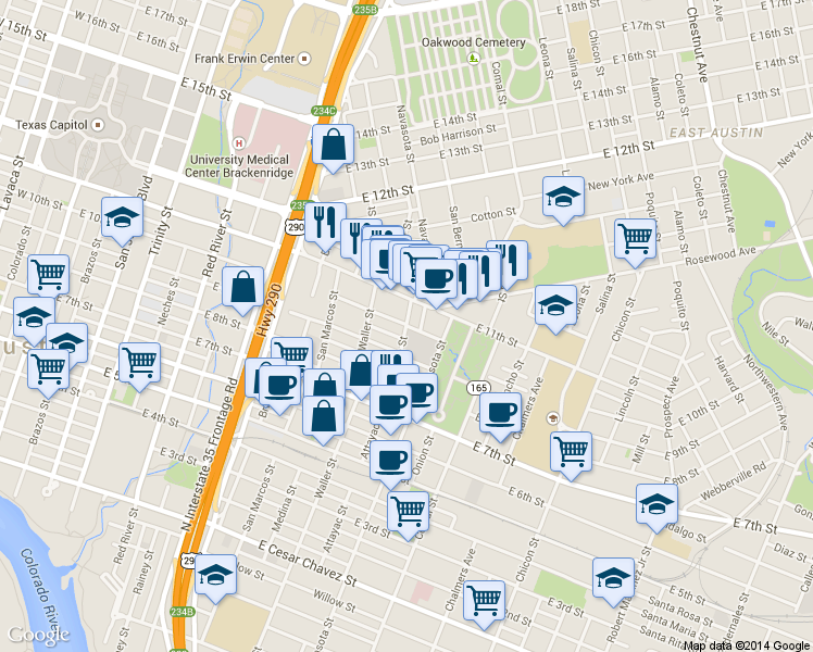 map of restaurants, bars, coffee shops, grocery stores, and more near E 10th St & Lydia St in Austin