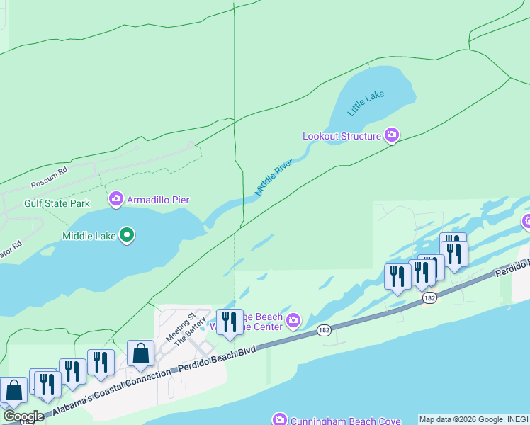 map of restaurants, bars, coffee shops, grocery stores, and more near Rosemary Dunes Trail in Orange Beach