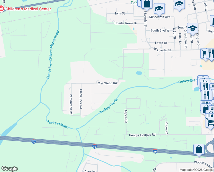 map of restaurants, bars, coffee shops, grocery stores, and more near 6101 C W Webb Road in Macclenny