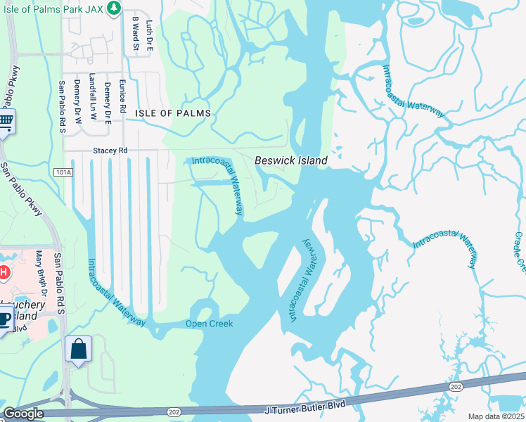 map of restaurants, bars, coffee shops, grocery stores, and more near 4273 Stacey Road East in Jacksonville Beach