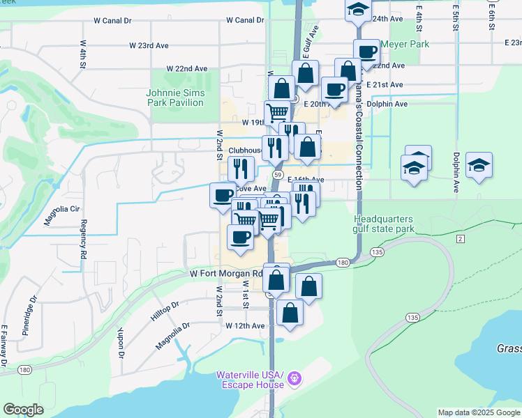 map of restaurants, bars, coffee shops, grocery stores, and more near 1441-1471 Gulf Shores Pkwy in Gulf Shores