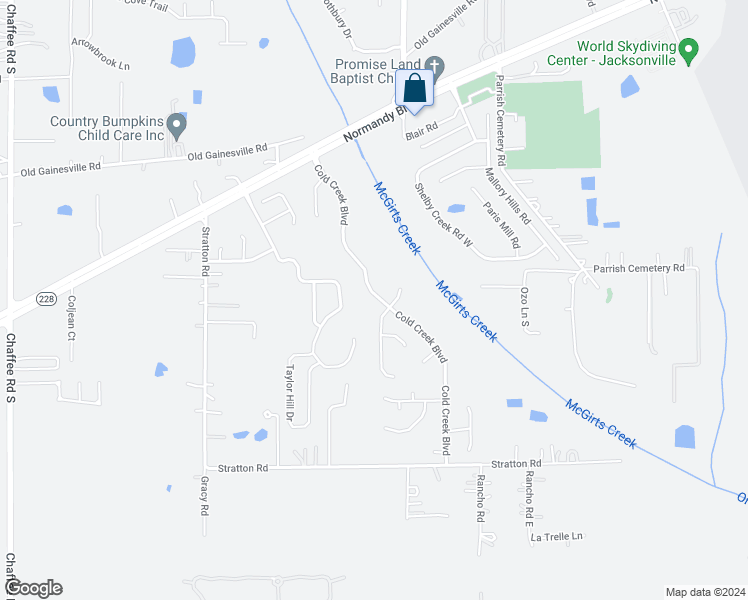 map of restaurants, bars, coffee shops, grocery stores, and more near 2680 Cold Creek Boulevard in Jacksonville