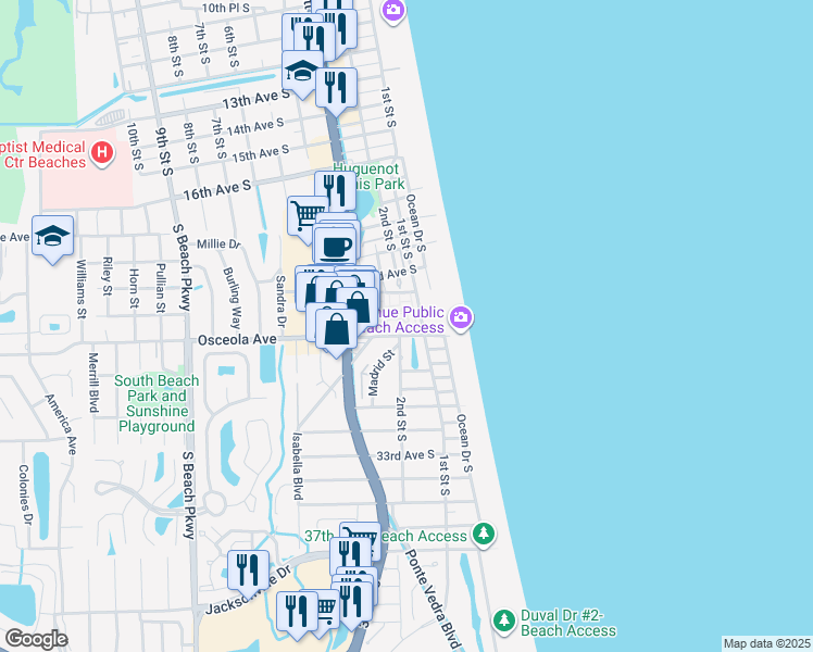 map of restaurants, bars, coffee shops, grocery stores, and more near 2323 1st Street South in Jacksonville Beach